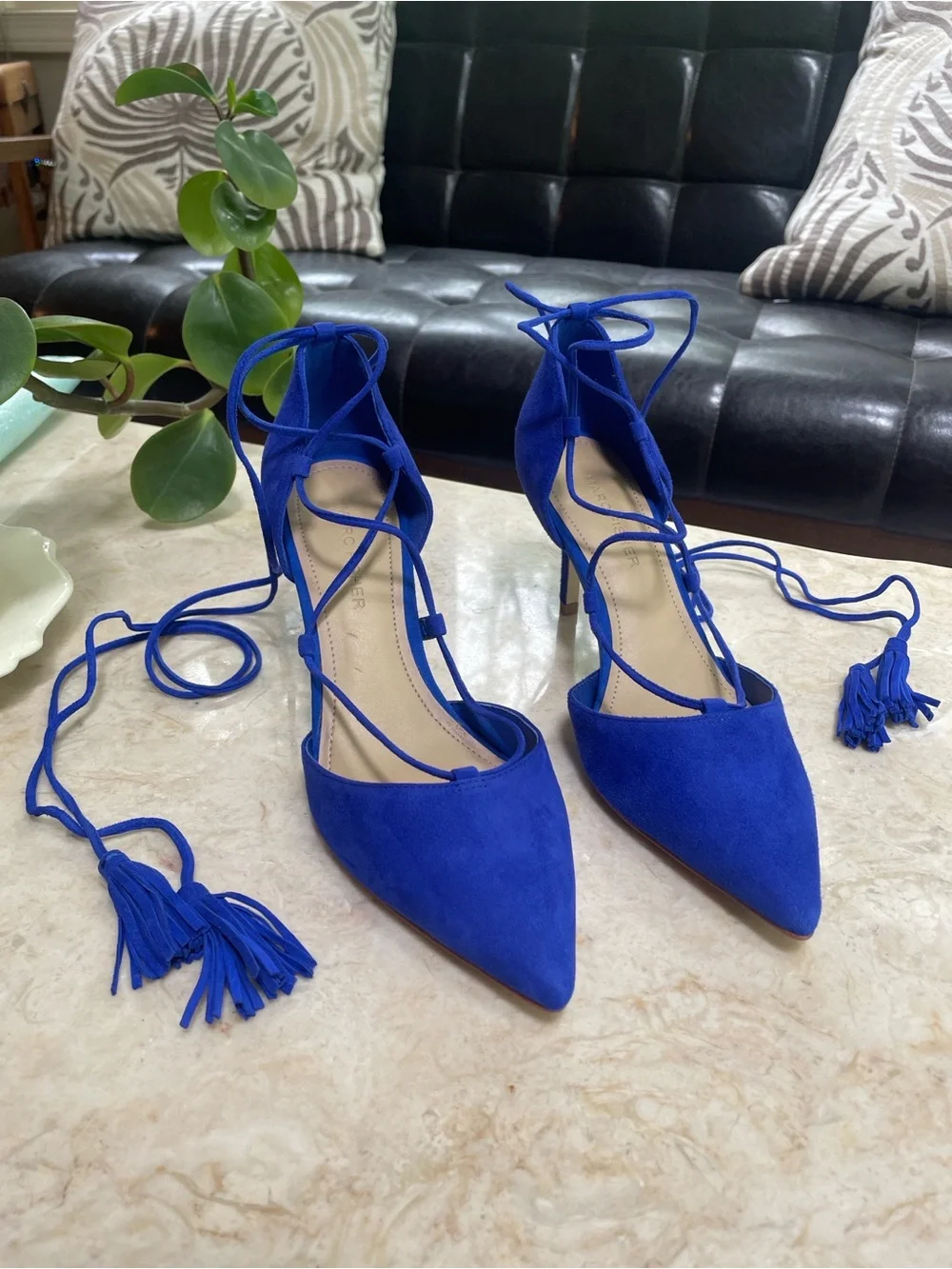Marc Fisher Cobalt Blue Lace-Up Heels 6.5 Pointed Toe Tassel Ankle Wrap Pumps